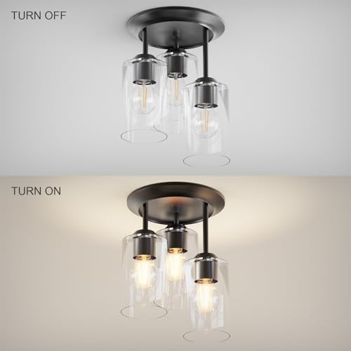 3-Light Semi Flush Mount Ceiling Light, Close to Ceiling Light Fixture with Clear Glass Shades, Modern Hallway Lighting Fixtures for Bedroom, Kitchen, Foyer Entryway with E26 Socket(Bulb Not Included)