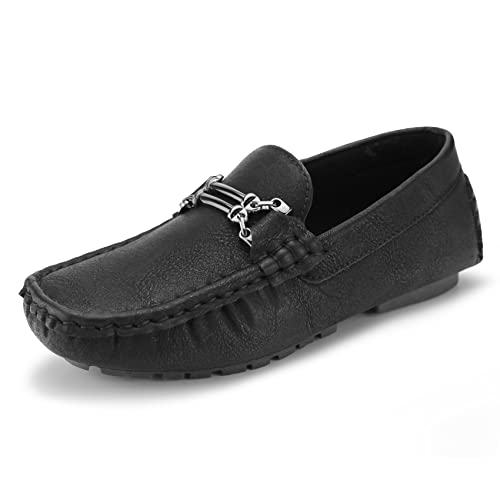 Hawkwell Kids Casual Penny Loafer Moccasin Dress Driver Shoes, Black PU, 4 M US Big Kid