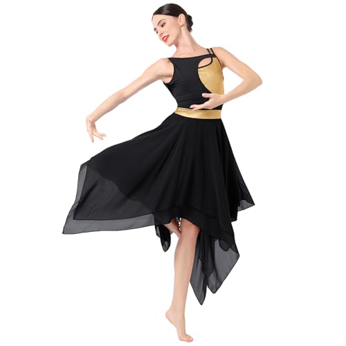 IBAKOM Lyrical Dance Dress for Women Gold Metallic Cutout Chiffon Tulle Contemporary Dance Costume Backless Flowy Skirt Salsa Ballroom Dance Dress Ballet Leotard Ballerina Costume Black XS