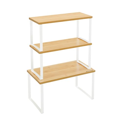 SONGMICS Cabinet Organizer Shelf, Set of 3 Kitchen Counter Shelves, Corner Shelves, Kitchen Storage, Spice Rack, Stackable, Expandable, Metal and Bamboo, Cloud White and Natural Beige UKCS014W01