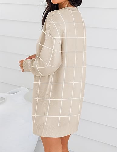 ZESICA Women's Casual Long Sleeve Tunic Sweater Dress Crew Neck Plaid Knit Oversized Pullover Jumper Tops,Taupe,Small