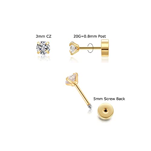 3mm Tiny CZ Screw on Flat Back Stud Earrings,Gold Plated Flat Back Cubic Zirconia Earrings for Helix Cartilage Tragus Earlobe Piercing Jewelry Gift for Women Girls Toddlers(3mm CZ, Gold)