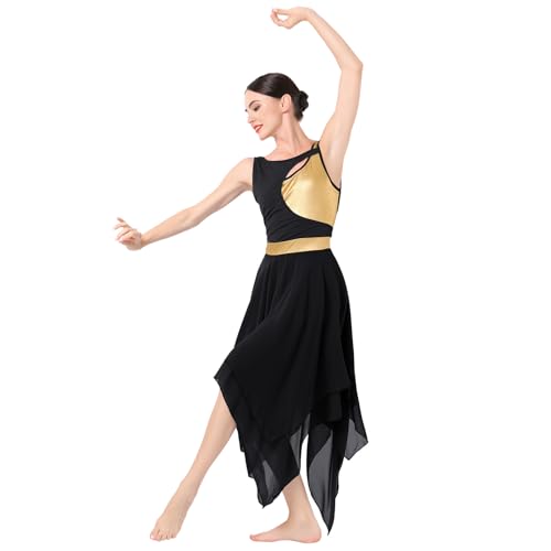 IBAKOM Lyrical Dance Dress for Women Gold Metallic Cutout Chiffon Tulle Contemporary Dance Costume Backless Flowy Skirt Salsa Ballroom Dance Dress Ballet Leotard Ballerina Costume Black XS