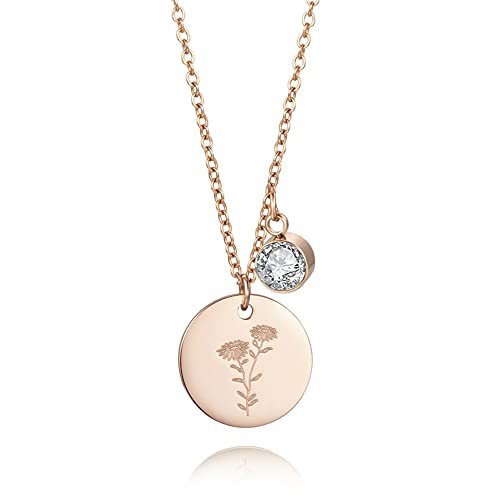 LEFTLY Birth Flower Necklace, Rose Gold Floral Pendant Necklaces, Dainty Birth Month Flower Disc Charm Hand Stamped Flower Disk Necklace