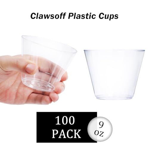 Clawsoff 9 oz Clear Plastic Cups, 100 Pack Disposable Fancy Cups for Wedding, Cocktail Cups 9 Ounce, Bulk Clear Plastic Tumblers for Iced Coffee, Cold Beverage