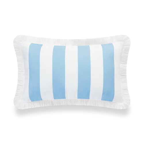Hofdeco Premium Coastal Hampton Style Patio Indoor Outdoor Lumbar Pillow Cover Only, 12"x20" Water Resistant for Backyard, Couch, Baby Blue Stripe Fringe