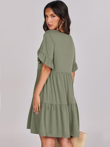 ANRABESS Women's 2024 Summer Trendy V Neck Ruffle Short Sleeve A Line Tiered Flowy Casual Mini Beach Dress with Pockets Deep Green Medium