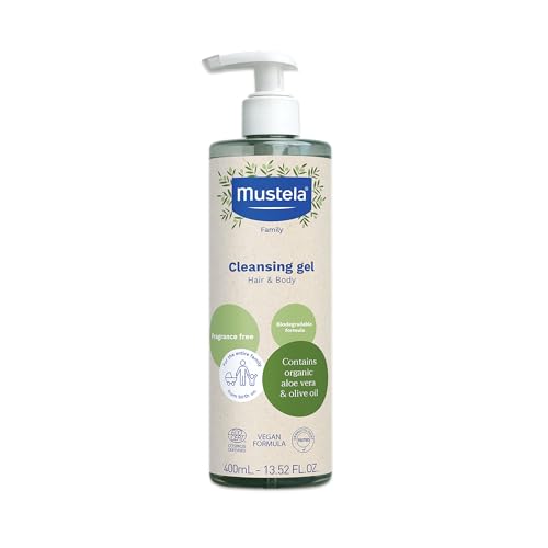 Mustela Certified Organic Cleansing Gel - Natural Hair & Body Wash w/ Olive Oil & Aloe Vera - For Baby, Kid & Adult - Fragrance Free, Tear Free, Vegan & Biodegradable - 13.52 oz. - Packaging may vary