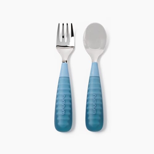 NumNum Toddler Utensils, Pre-Spoon, Fork & Spoon GOOtensils - 4th Stage Silverware Feeding Kids Aged 2+ Years w/Stainless Steel Heads - Silicone Food Feeding Supplies - Set of 2, Pacific Blue