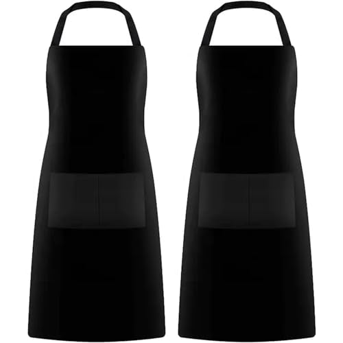 GREEN LIFESTYLE 2 Pack Bib Apron - Unisex Black Aprons, Machine Washable Aprons for Men and Women, Kitchen Cooking BBQ Aprons Bulk (Pack of 2, with Pockets, Black)