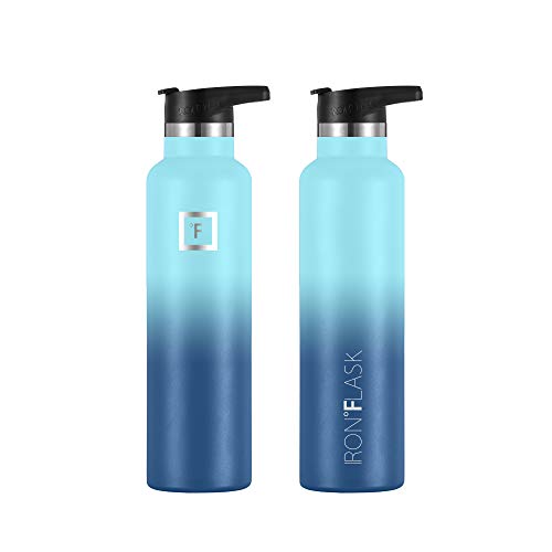 IRON °FLASK Camping & Hiking Hydration Canteens - 3 Lids (Narrow Straw Lid) Leak Proof Vacuum Insulated Stainless Steel - Hot & Cold Double Walled Sports Water Bottle - Blue Waves, 24 Oz