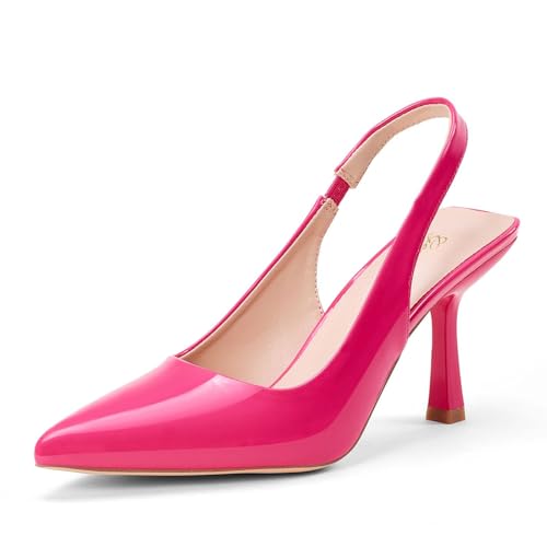 GENSHUO Women's Slingback Kitten Heel Pointed Closed Toe Stiletto Pumps Slip on Elastic Strap Wedding Party Dress Sandals Shoes Silver Size 7