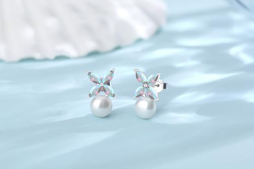 BAMIKI Pearl Earrings for Women, Aurora Borealis Crystal Earrings, Four Leaf Clover Zircon with 925 Sterling Silver Stud Earrings, Horse-Eye Gemstone Freshwater 8-8.5MM Cultured Pearls Fashion Jewelry