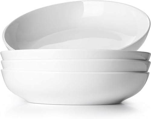 LIFVER 9.75" Pasta Bowls Set of 4, 50 Ounces Large Salad Bowls, Ceramic Pasta Plates Set for Serving Soup, Pasta, Noodle, Dinner, Microwave Dishwasher Safe, White