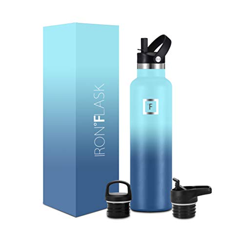 IRON °FLASK Camping & Hiking Hydration Canteens - 3 Lids (Narrow Straw Lid) Leak Proof Vacuum Insulated Stainless Steel - Hot & Cold Double Walled Sports Water Bottle - Blue Waves, 24 Oz