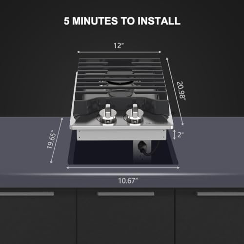 12 Inch Gas Cooktop, thermomate Built In Gas Rangetop with 2 High Efficiency SABAF Burners, NG/LPG Convertible 304 Stainless Steel Gas Stove Top with Flame Out Protection, CSA Certified