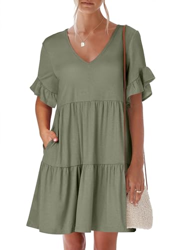 ANRABESS Women's 2024 Summer Trendy V Neck Ruffle Short Sleeve A Line Tiered Flowy Casual Mini Beach Dress with Pockets Deep Green Medium