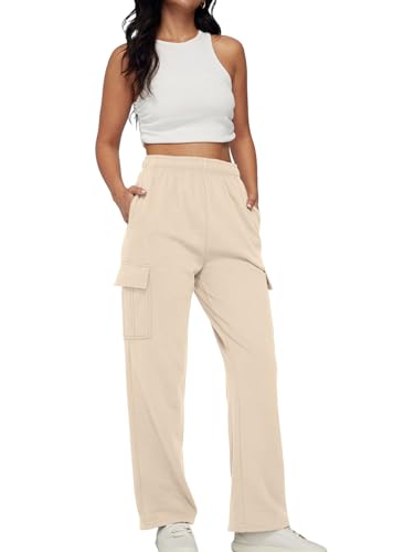 Trendy Queen Womens Drawstring Cargo Sweatpants Casual Fleece Wide Leg Cotton Joggers Sweatpants Sports Lounge Trousers White