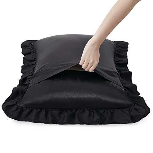 HommxJF Silky Satin Ruffled Pillow Cases for Hair and Skin,White Silk Pillowcases King Set of 2 with Envelope Closure Princess Room Decoration