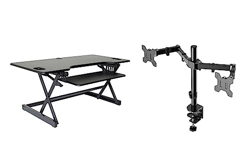 Rocelco 32" Height Adjustable Standing Desk Converter BUNDLE - Sit Stand Computer Workstation Riser with Anti Fatigue Mat - Dual Monitor Retractable Keyboard Tray Gas Spring - Black (R EADRB-MAFM)