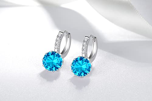 VONSSY Drop Dangle Hoop Earrings, Brilliant 5A Cubic Zirconia, Leverback Hoop Earrings (Blue)