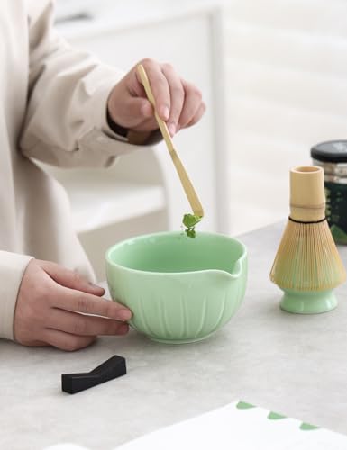 TANG PIN Matcha Set - Match Bowl with Spout and Whisk, 15 OZ, Matcha Scoop | Matcha Whisk Stand (Chasen Holder) - 4pc Perfect Matcha Kit for Matcha Tea Ceremony (Green)