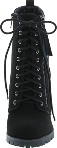 Soda Malia Round Toe Stacked Lug Heel Lace Up Ankle Booties (Black (PU), numeric_11)