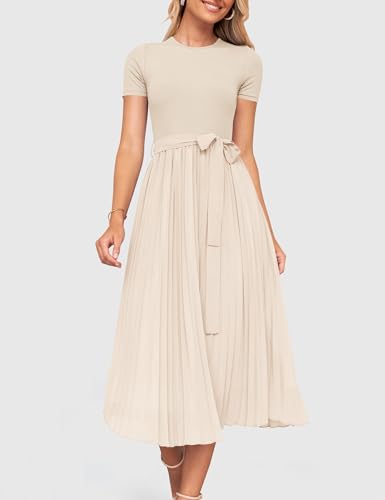 ZESICA Womens Summer Short Sleeve Midi Dresses Spring Casual Crew Neck Knit Belted Pleated A Line Flowy Wedding Guest Dress,Apricot,Small