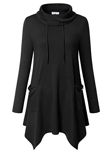 Bulotus Women's Long Sleeve Cowl Neck Asymmetrical Hem Tunic Tops with Pockets,Green,Small