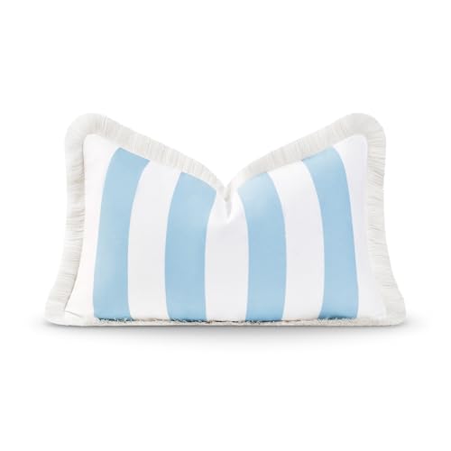 Hofdeco Premium Coastal Hampton Style Patio Indoor Outdoor Lumbar Pillow Cover Only, 12"x20" Water Resistant for Backyard, Couch, Baby Blue Stripe Fringe