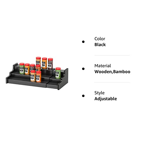 Spice Rack Organizer For Cabinet - 3 Tier Black Bamboo Wooden Expandable Display Shelf from 12.70 to 22.20 inch