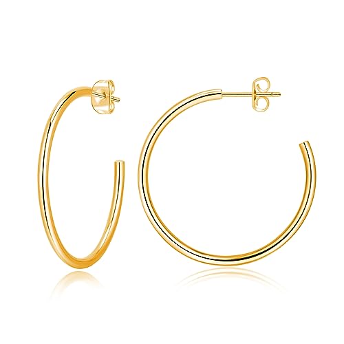 14K Gold Hoop Earrings for Women, Hypoallergenic Open Hoops, Non-Nickel Titanium Earrings for Sensitive Ears, 2mm Thin Hoop Lightweight Earrings (30mm-Gold)