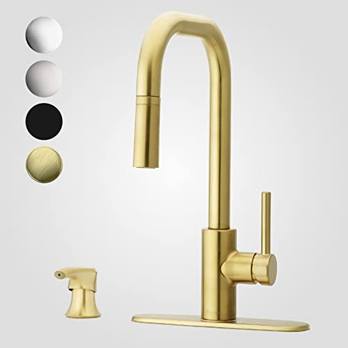 Pfister Zanna Kitchen Faucet with Pull Down Sprayer and Soap Dispenser, Single Handle, High Arc, Brushed Gold Finish, F5297ZNRBG