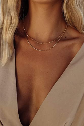 Awvialy Layered Gold Necklaces for Women 14k Gold Plated Beaded Herringbone Necklace Simple Layering Gold Chain Choker Necklaces for Women Cute Dainty Gold Necklace Trendy Gold Jewelry for Women