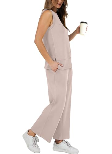 XIEERDUO Two Piece Summer Outfits for Women Sleeveless Wide Leg Tracksuit Travel Sweatsuit Airport Loungewear Spring Lounge Set Baggy Comfy S