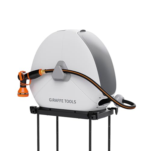 Giraffe Tools Retractable Hose Reel 1/2 Inch x 82FT,Heavy Duty Ground Mount Garden Hose Reel, Automatic Rewind, Any Length Lock, with 9-Function Sprayer Nozzle & Flexible Swivel Base