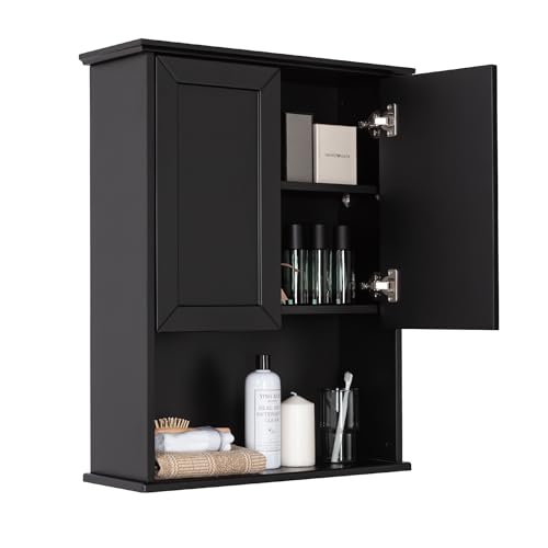 VANIRROR Black Bathroom Wall Cabinet 23x29 inch Wooden Bathroom Medicine Cabinet with 2 Doors and Adjustable Shelf, Wall Mounted Bathroom Cabinet Over Toilet Storage Cabinet