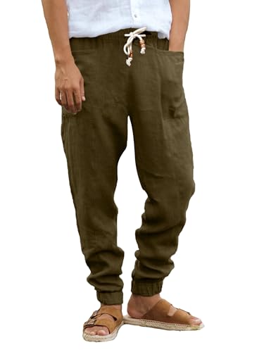 Comdecevis Men's Casual Linen Pants Lightweight Cotton Elastic Waist Drawstring Summer Beach Pants Jogger Yoga Trousers Small Army Green