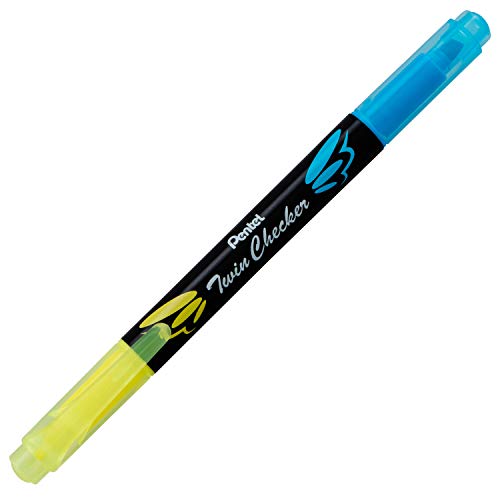 Pentel Twin Checker Dual-tip Highlighter, Chisel Tip, Yellow/Blue Ink, Pack of 12 (SLW8-GS)