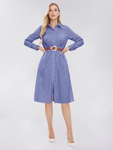 EXLURA Women's Long Sleeve Striped Button Down Shirt Dress with Pockets 2024 Fall Midi Dresses Business Casual Outfit