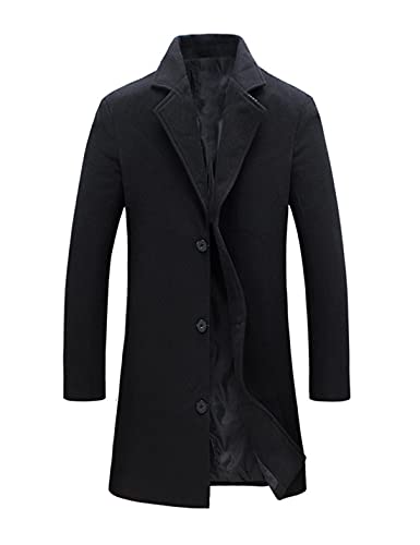 Tanming Mens Black Trench Coat Notched Lapel Single Breasted Long Peacoat Overcoat (Black-XS)