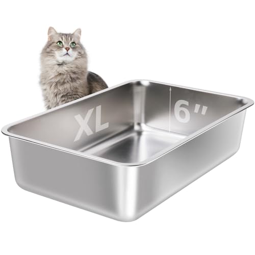 EGMEHOAD 6" Deep Stainless Steel Cat Litter Box XL Large Litter Box for Big Cats,Metal Litter Box High Sided,Easy Cleaning Metal Litter Pan Tray,Odor Proof,Non Stick,XL Stainless Steel Cat Litter Box