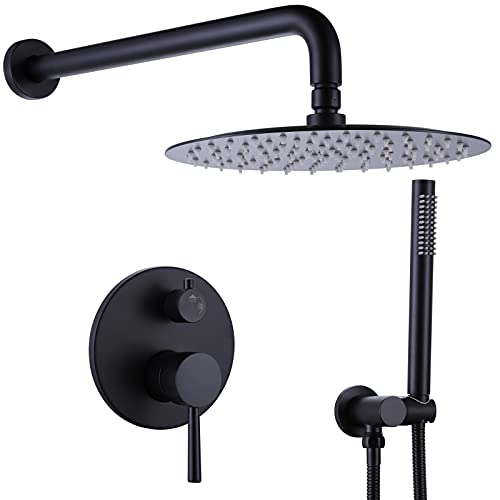 RBROHANT Matte Black Rain Shower System, Wall Mounted 10 Inches Round High Pressure Rainfall Shower Head with Handheld Shower Faucet Set, Solid Brass Rough-in Valve Included, RCS81005MB
