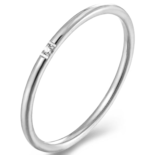 munone 1mm Skinny Thin Solitaire Flush Set Cubic Zirconia Stackable Band Ring for Women Men,14k Gold Plated Titanium Comfort Fit Band Rings