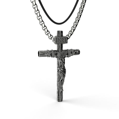 ZENLUNANO Crucifix Cross Necklace for Men and Women with 18K Gold Plated Small Yellow Gold Jesus Pendant and Double 16~22 inch Adjustable Necklace Chains