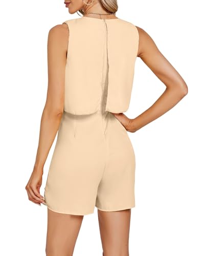 Umenlele Women's Halter Neck Layered Ruffle Hem Sleeveless Romper Shorts Jumpsuit Beige#2 Small