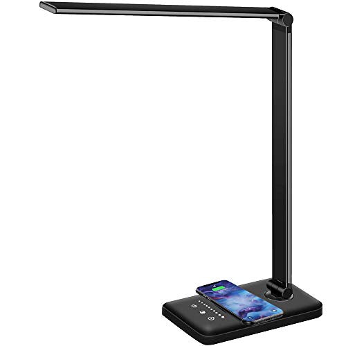 MCHATTE LED Desk Lamp with USB Charging Port, Dimmable Eye-Caring Table Lamps with Wireless Charger, 5 Brightness Levels & 5 Lighting Modes, Touch Control, Auto Timer