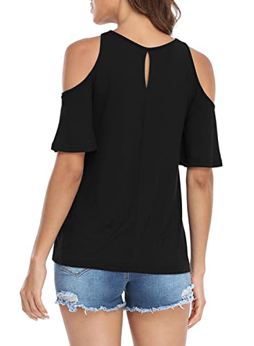 Womens Summer Black Cold Shoulder Tops Sexy Casual Short Sleeve 2024 Trendy Ladies Cute Cut Out Keyhole Halter Going Out T Shirts Blouse S