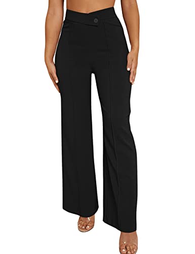 SweatyRocks Women's Overlap Waist Seam Front Palazzo Wide Leg Pants High Waist Long Pant Casual Trousers Black XS