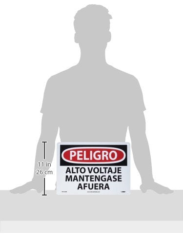 NMC SPD139RB OSHA Sign, Legend "PELIGRO - ALTO VOLTAJE MANTENGASE AFUERA", 14" Length x 10" Height, Rigid Plastic, Black/Red on White